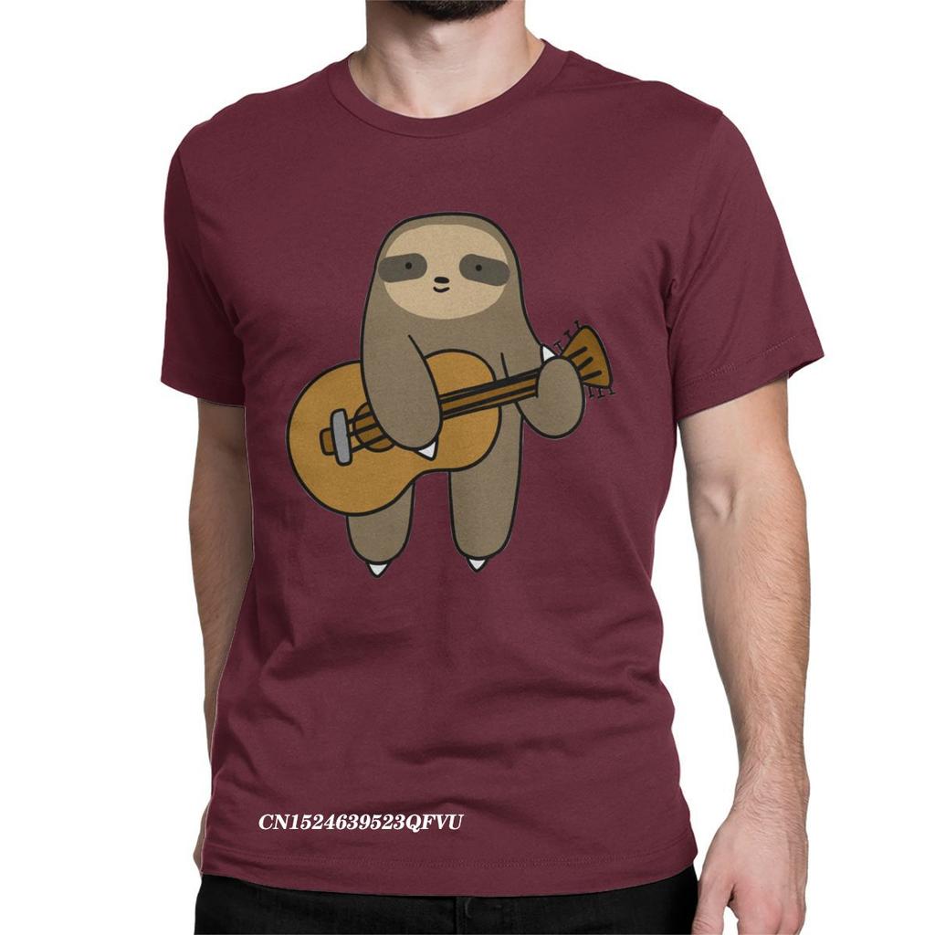 Guitar Sloth Cute Tops T Shirts Mens Cotton Novelty Tee Shirt Round Neck Guitarist Animal Tees Harajuku Tops Gift Idea