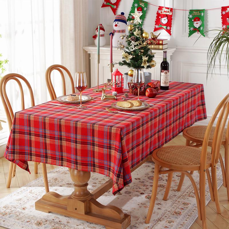 American Yarn-Dyed Holiday Christmas Tablecloth - Red and Green Plaid Cotton Polyester for Coffee and Dining Tables.
