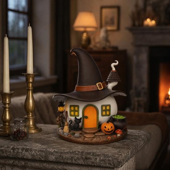 Halloween Witch House Ornament, Decorative Desktop Halloween Ornaments with Black Cats Pumpkin Lanterns Magic Brooms for Party Table Decorations and