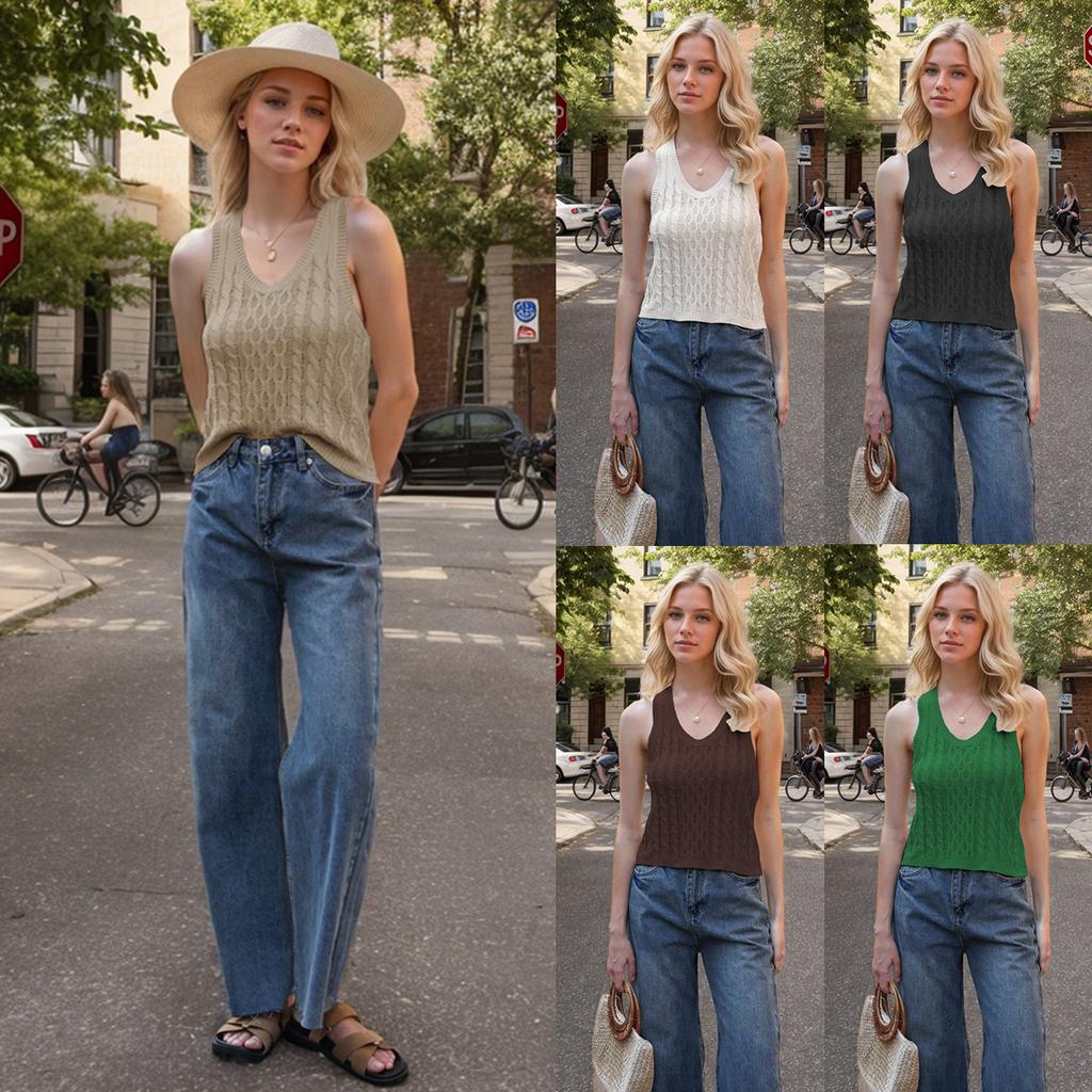 Summer Women's Fashion Casual Knitted V-Neck Solid Colour Vest