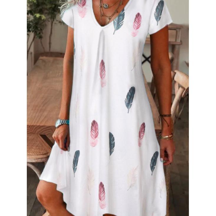 Loose Floral Print Women'S Dress V-Neck Mini Skirt Polyester Short Sleeve Summer Casual Fashion Female Clothing
