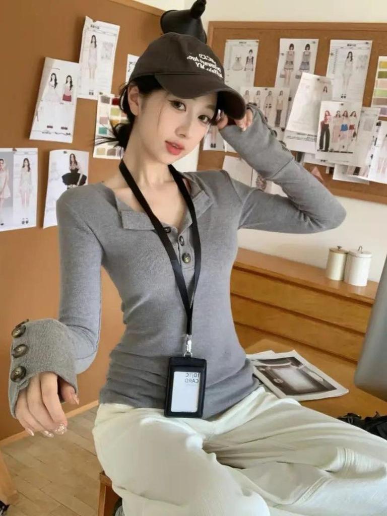 Women's Slim Fit Long-Sleeve T-Shirt: Chic Korean Style with Cuff Buttons, Half-Open Collar, and Inner Base Layer – Perfect for Autumn and Winter.