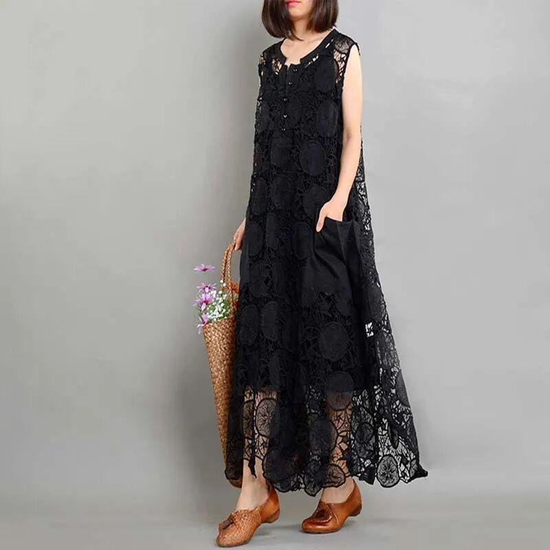 

Летнее платье большого размера Женское повседневное винтажное кружевное ажурное платье Свободное базовое длинное платье 2XL чёрный