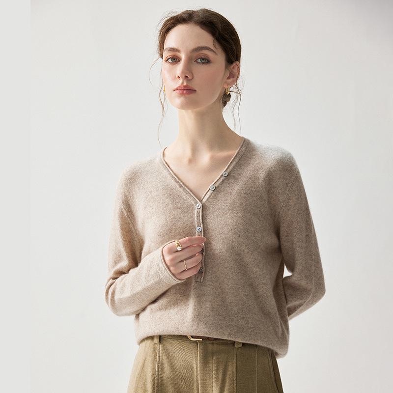 V-Neck Half-Button Soft Cashmere Sweater - Women's 2026 Autumn Base Layer, Elegant Solid Color