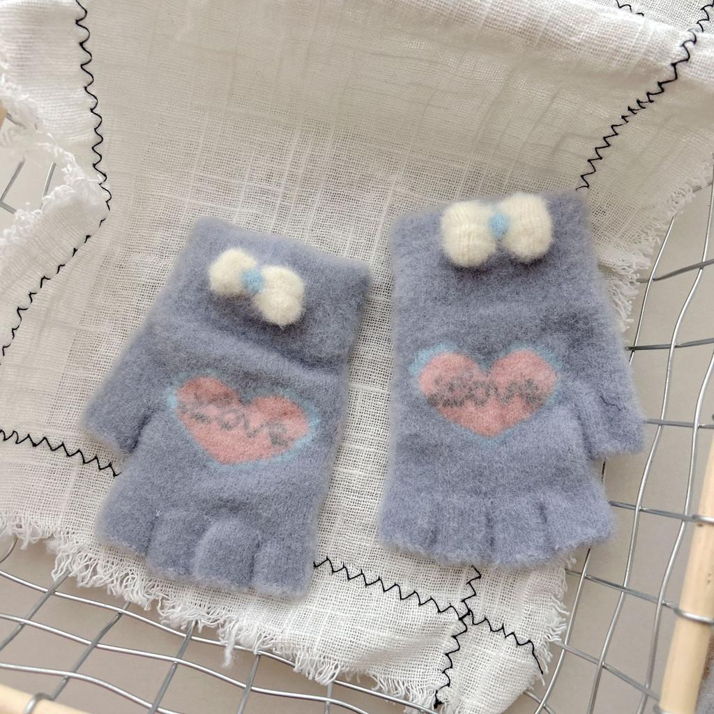 New Style Women's Half Finger Big Children's Warm Five Finger Split Finger Writing Love Bow Cute Knitted Gloves