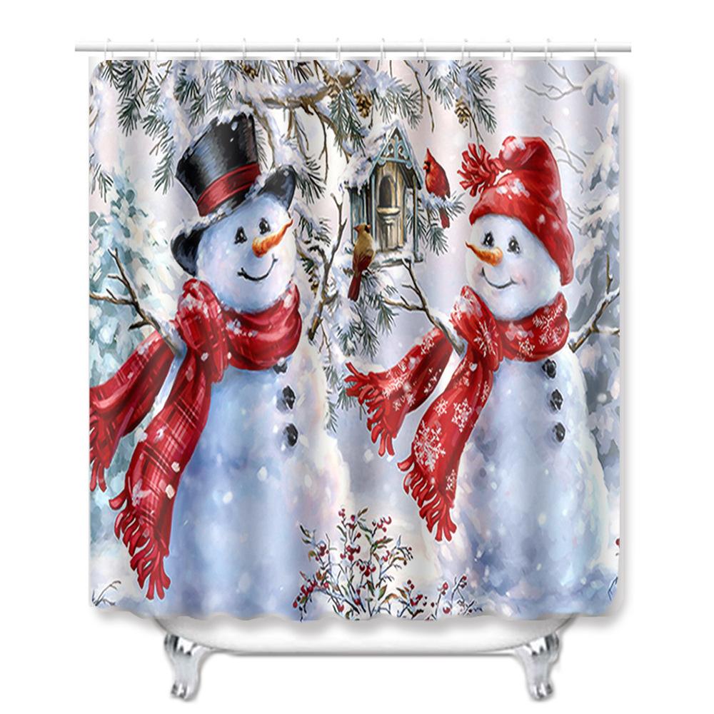 Christmas Shower Curtain Floor Mat Combination Four-Piece Set Bathroom Toilet Carpet Shower Room Mat Foot Mat