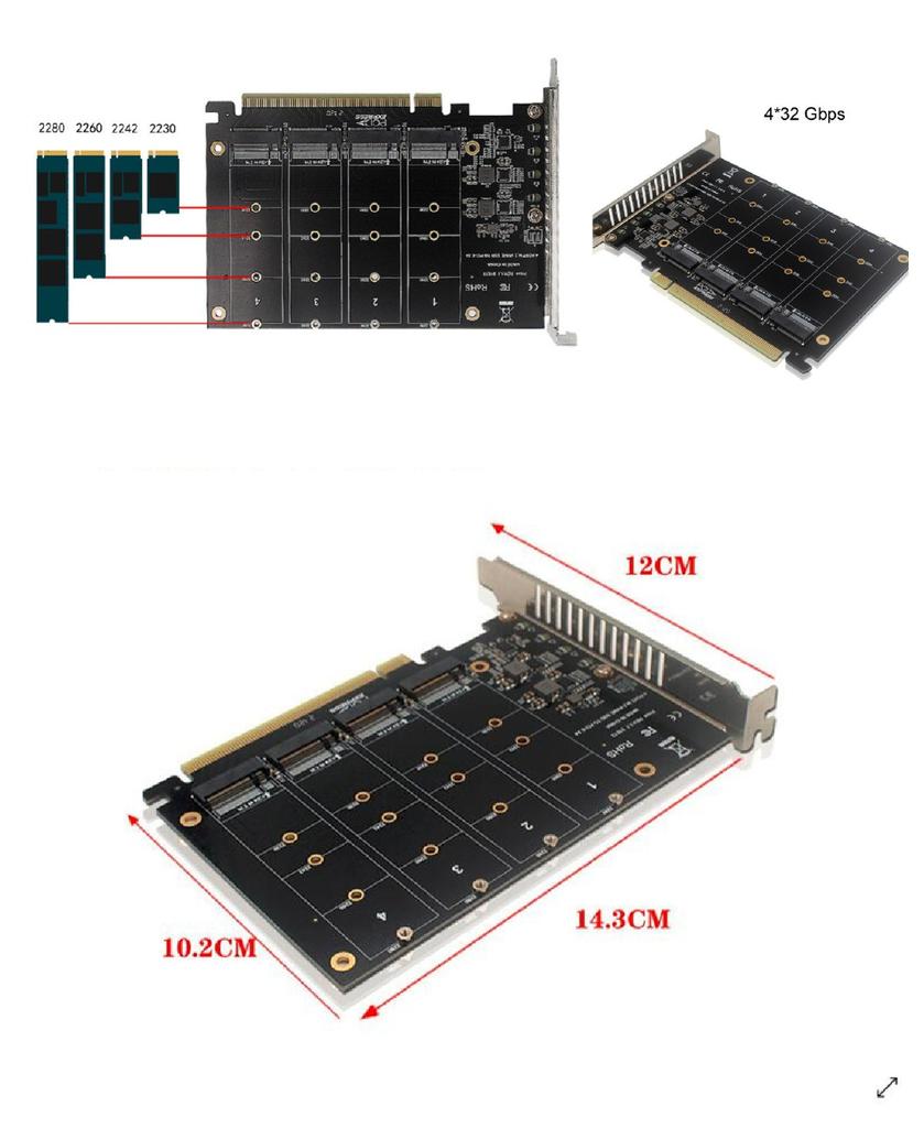 Adaptor Card With Installation Hardwares PCIe x 16 Adaptor For Quad M.2 NVMe SSD