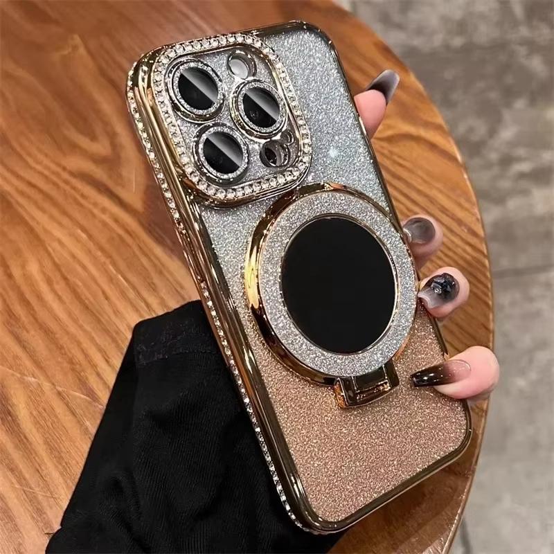 Diamond Glitter For Magsafe Bracket Phone Cases For iPhone 17 16 15 14 13 12 11 Pro Max Air Mirror Magnetic Holder Stand Cover