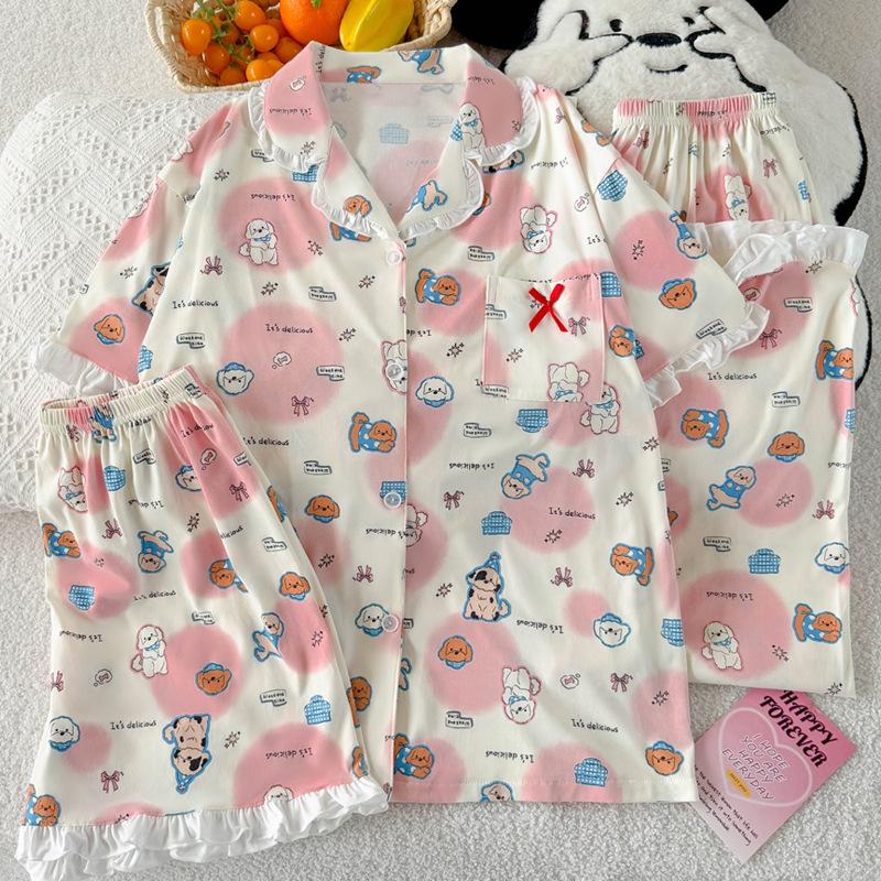 Sweet Puppy High-value Imitation Cotton Edge Pajamas Women's Summer Casual Short-sleeved Three-piece Loungewear