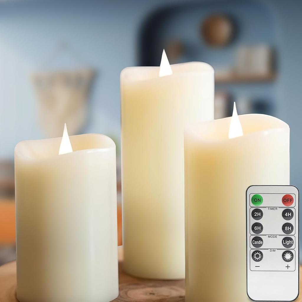 LOGUIDE Flickering Flameless Candles with Remote Timer, Realistic 3D Moving Flame with Real Wax Pillar LED Candles,Lasting 500+Hours Battery Operated