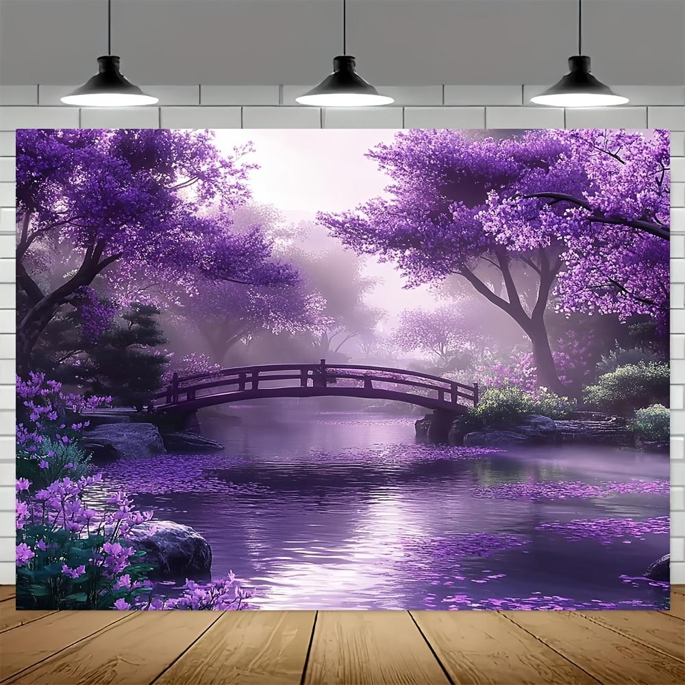 One polyester backdrop for a spring garden scene, with blooming purple flowers 100x150cm
