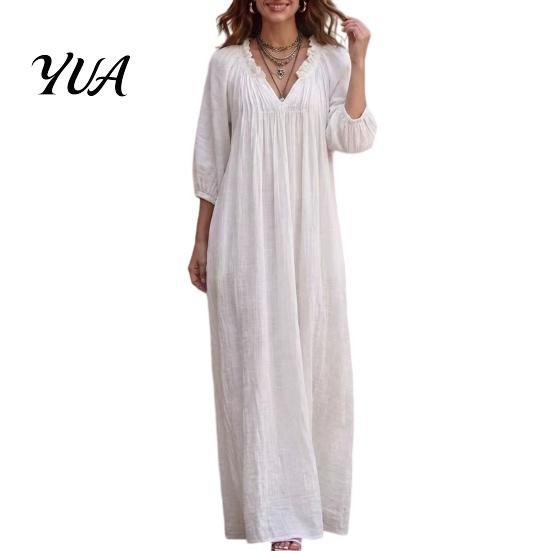 Spring Autumn Dresses Bohemian Ruffle V-Neck Long Dress, 3/4 Sleeves Maxi Dress for Comfortable Women Women, Solid Color Casual Loose Fall