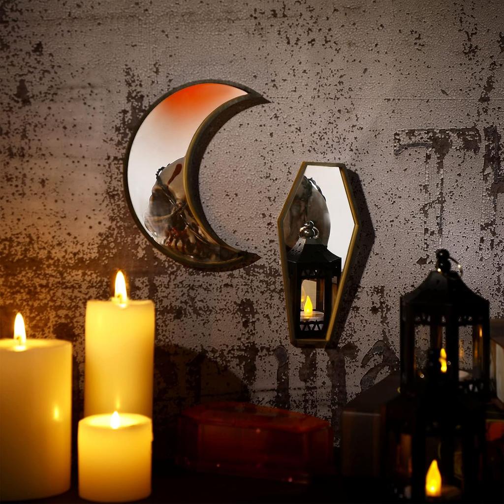 Marsui 2 Pieces Tiny Coffin Moon Mirror Cute Goth Room Decor Spooky Gothic Decorative Mirror Rustic Black Wall Decor Wall-Mounted for Halloween