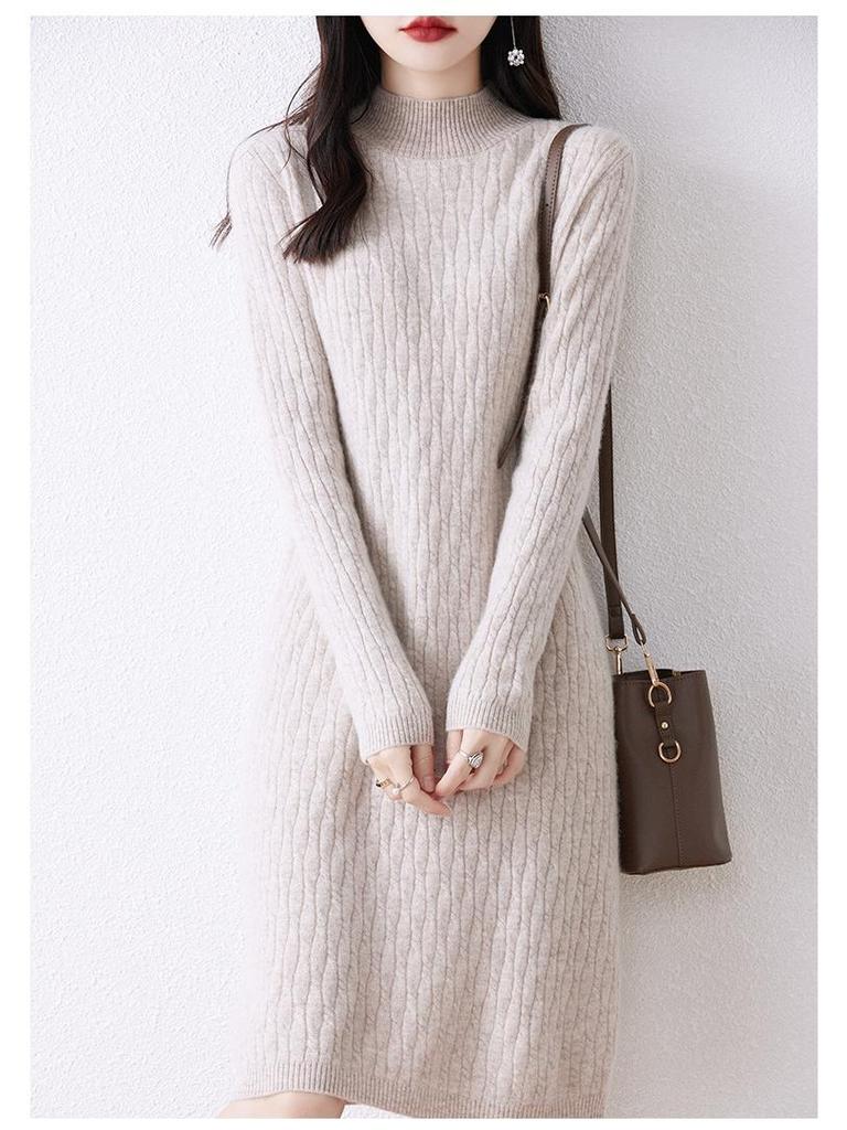 Women's High Neck Knitted Wool Dress - Slimming and Warm for Autumn/Winter