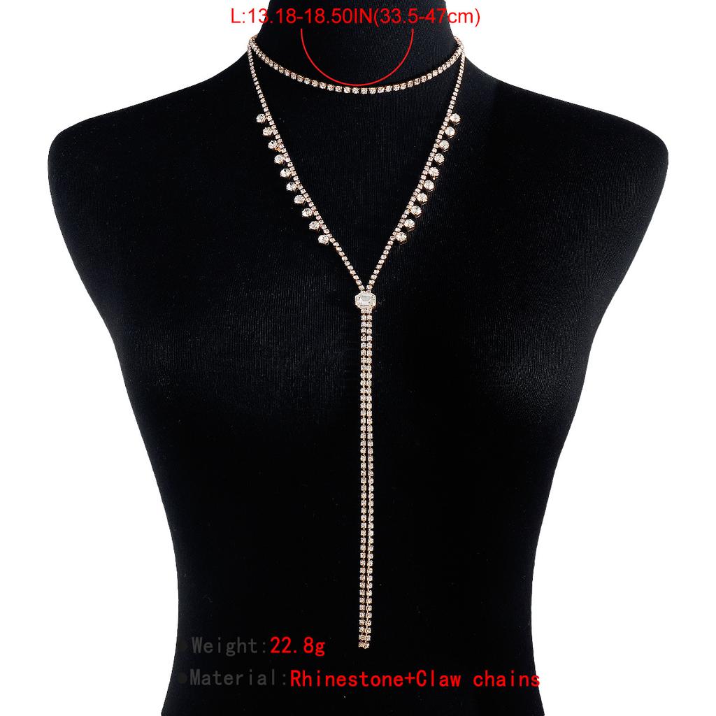 Women European Minimalist Y‑Shaped Long Choker Full Rhinestone Chain Geometric Necklace Jewelry
