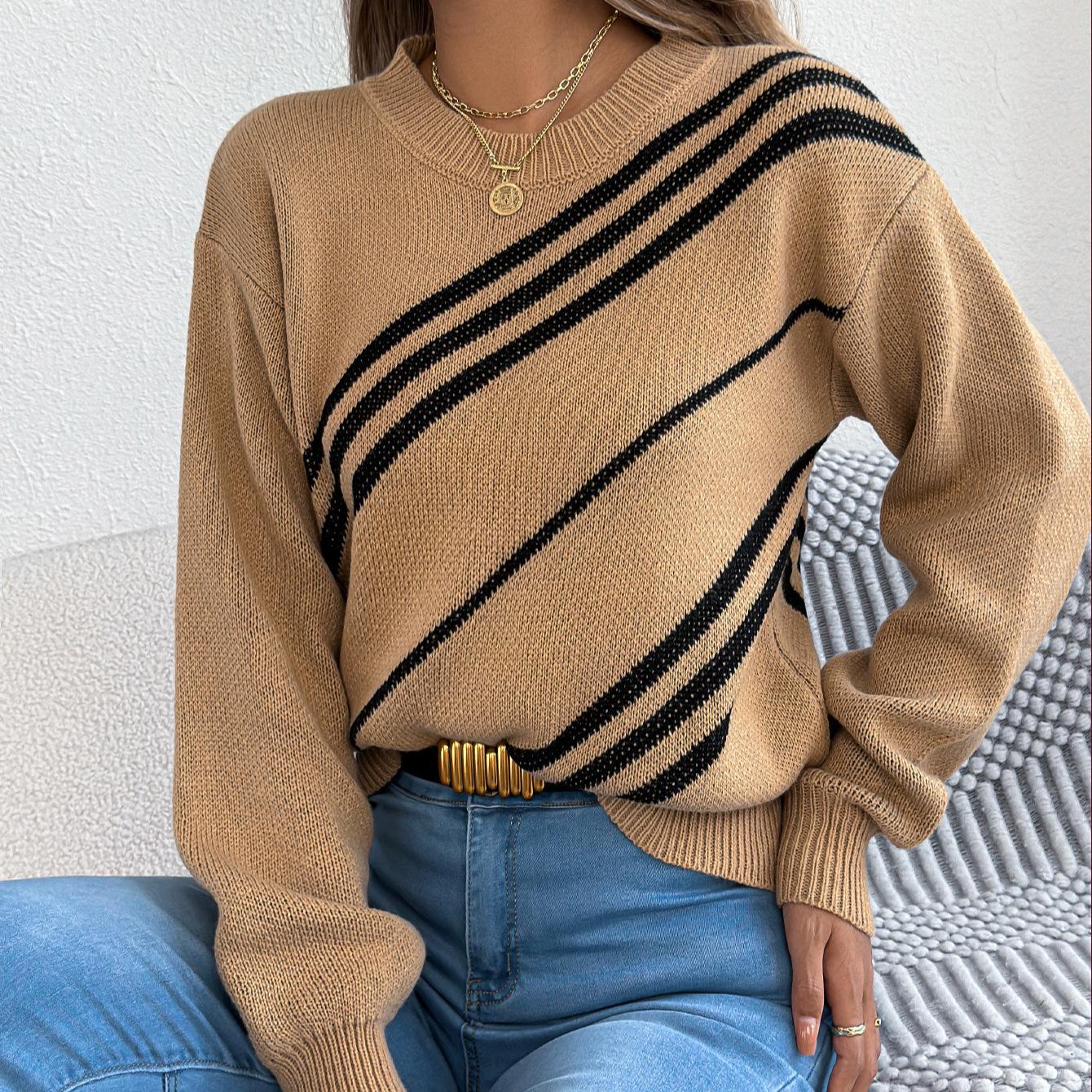 

Women s Twill Texture Sweater Color Block Round Neck Long Sleeve Cabin Core Knit Winter Vacation Pullover Tops XS хаки