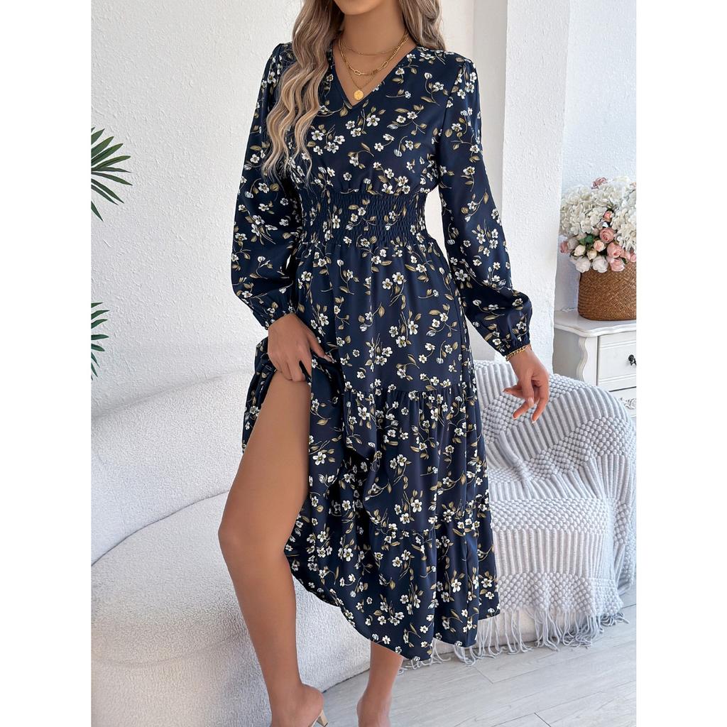 QICED Elegant V-neck, Long-sleeved, Cinched Waist, Ruffled A-line Skirt Women's Clothing for Autumn and Winter