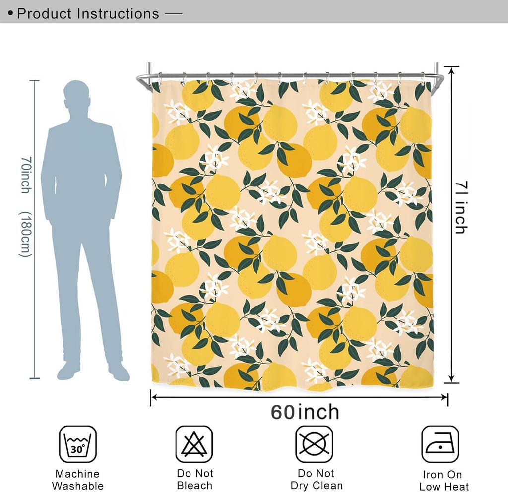Miyotaa Lemon Fruit Shower Curtain Set 60Wx71H Inches Cute Yellow Plant Leaves Fresh Polyester Waterproof Cloth Bathroom Curtain