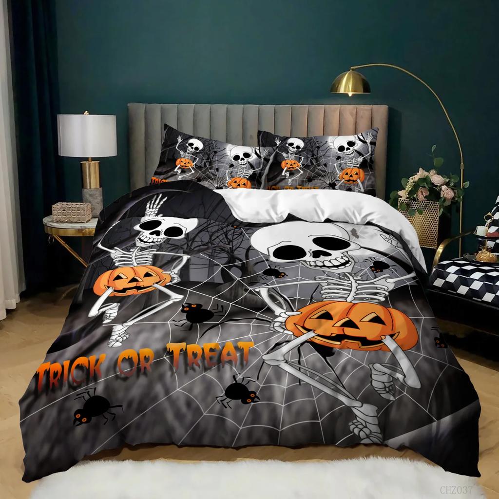 Skull Duvet Cover Gothic Floral Bedding Set Lotus Flower Sketch Comforter Cover Retro Leaf Skeleton Bones Polyester Quilt Cover