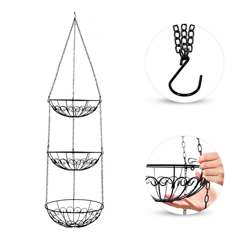 Hanger Produce Basket Metal Fruit Basket Wire Basket Fruit Bowl With 3 Tiers & Hooks Kitchen Fruit Stand Space Saving Vegetable