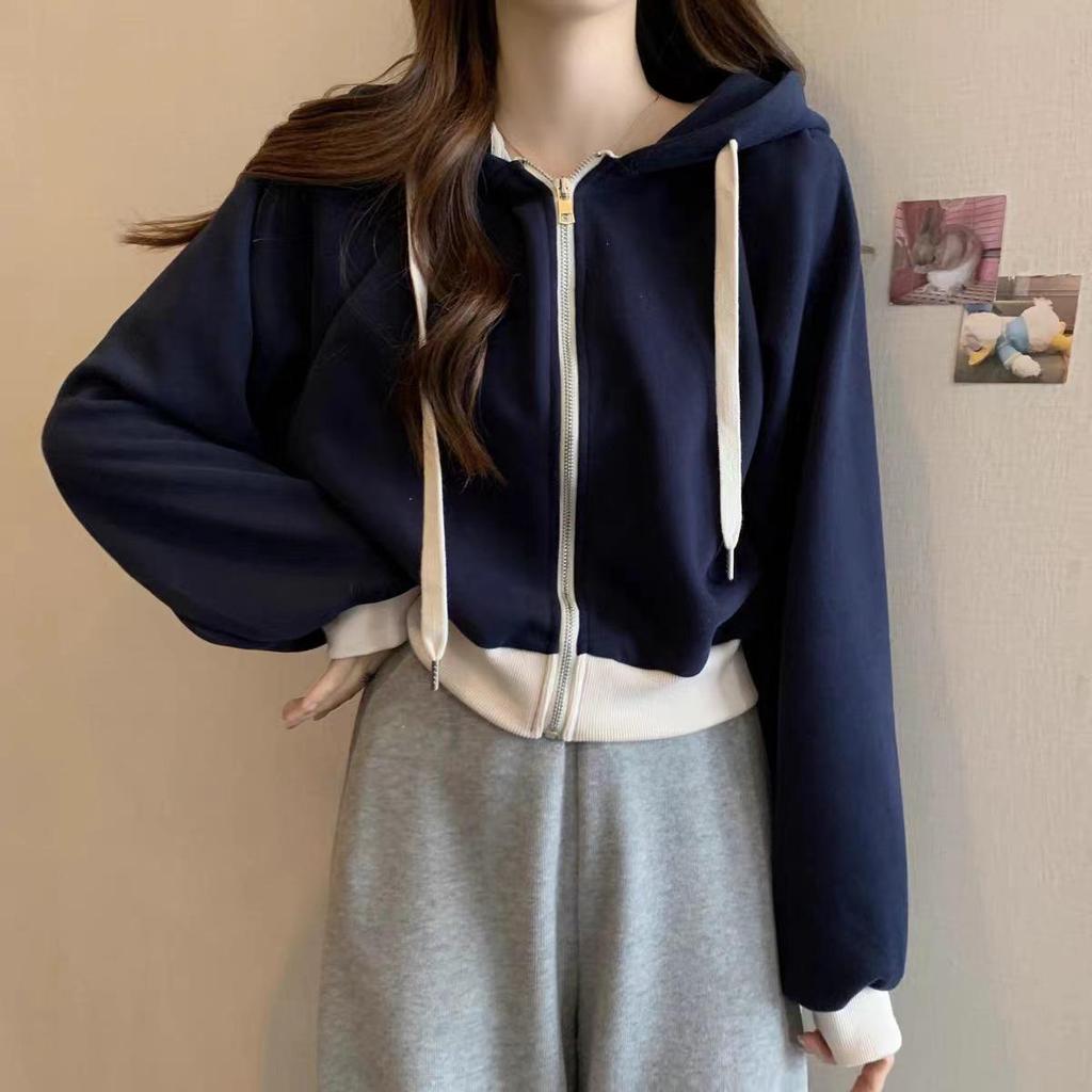 Plus Size Korean Style Hooded Sweatshirt Jacket - Slimming Autumn Streetwear, Belly Covering Short Cardigan for Women
