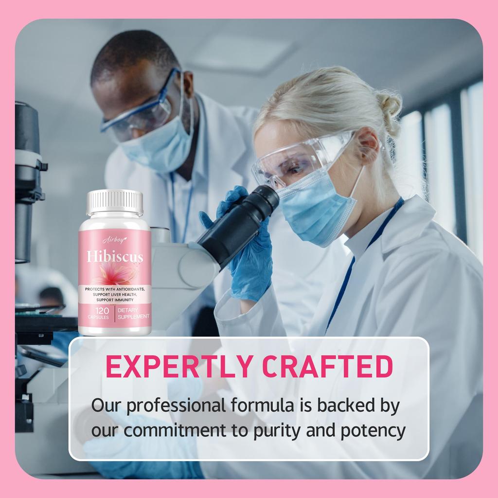 Airboy Organic Hibiscus Capsules, containing minerals, antioxidants, and supporting immune health, suitable for adults.