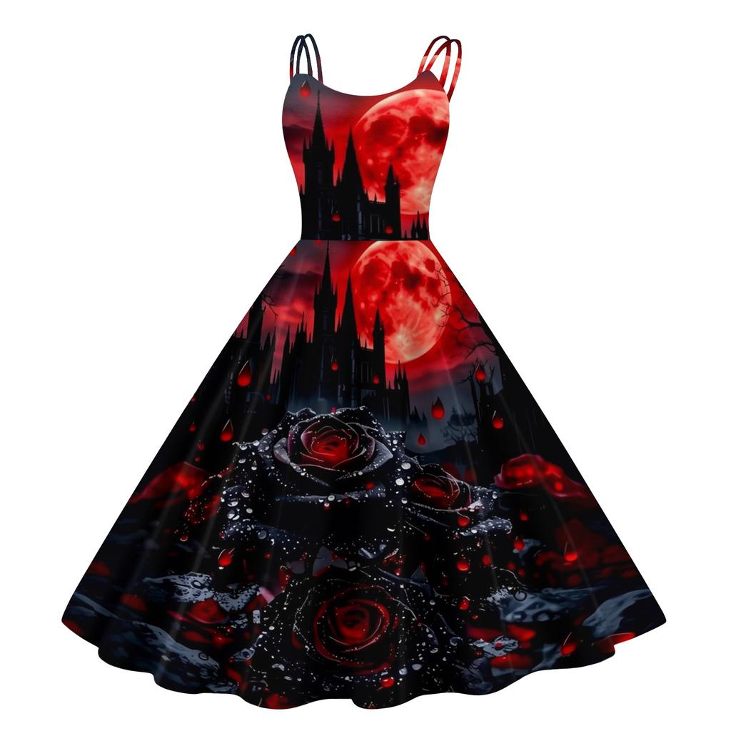 Women's Halloween Printed Off-Shoulder Spaghetti Strap Dress for Party and Costume