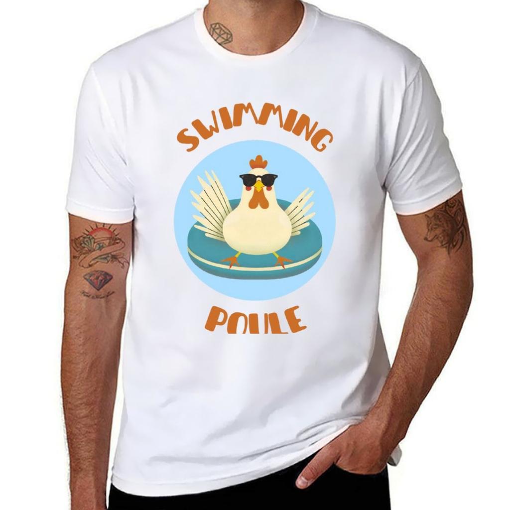 Swimming Poule Cool Funny French Chicken Pun Tshirt Gym Wear Breathable Short Sleeve Tee Tshirt