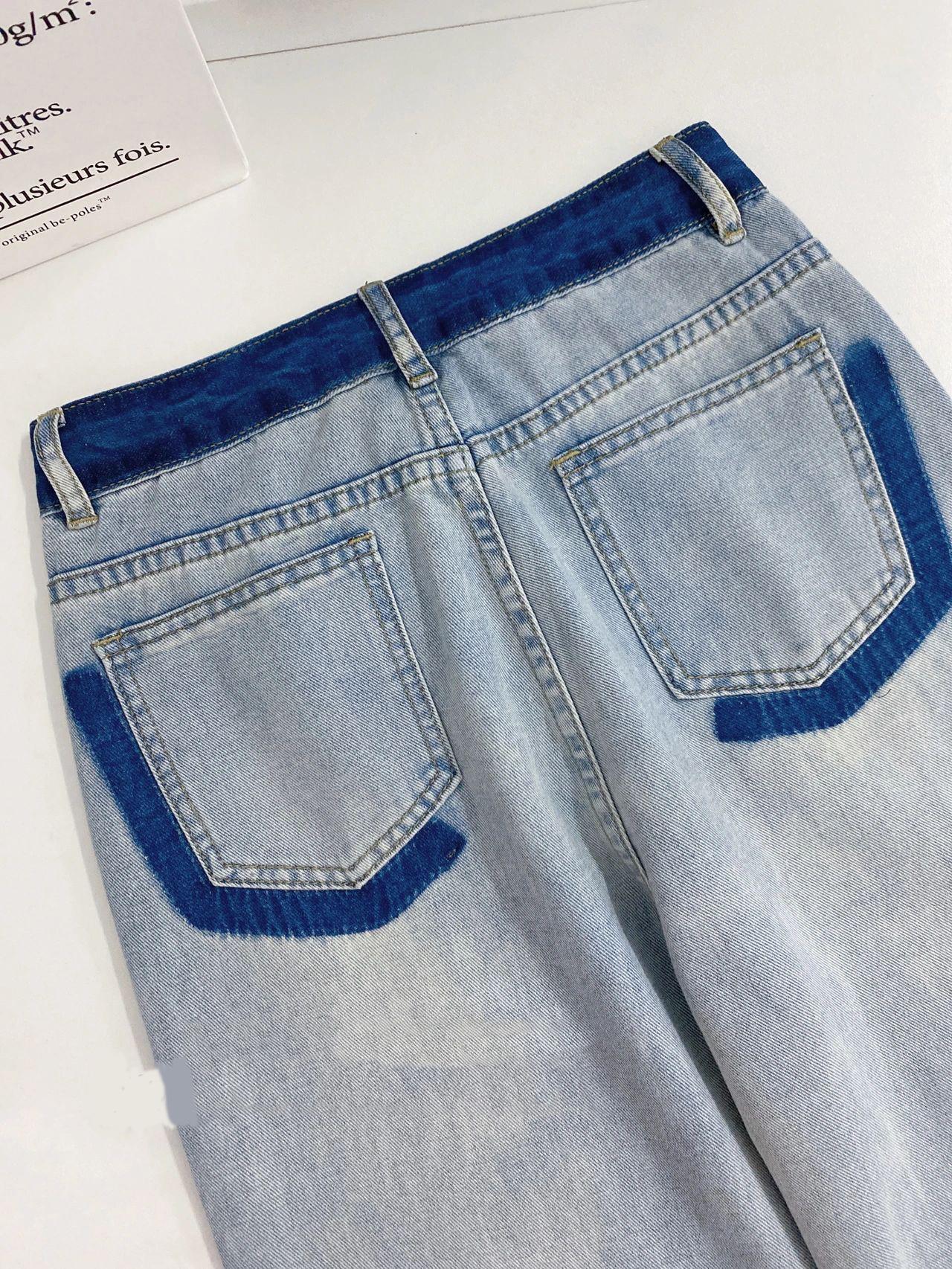 Women s Korean Contrast Color High Waist Wide-Leg Jeans S