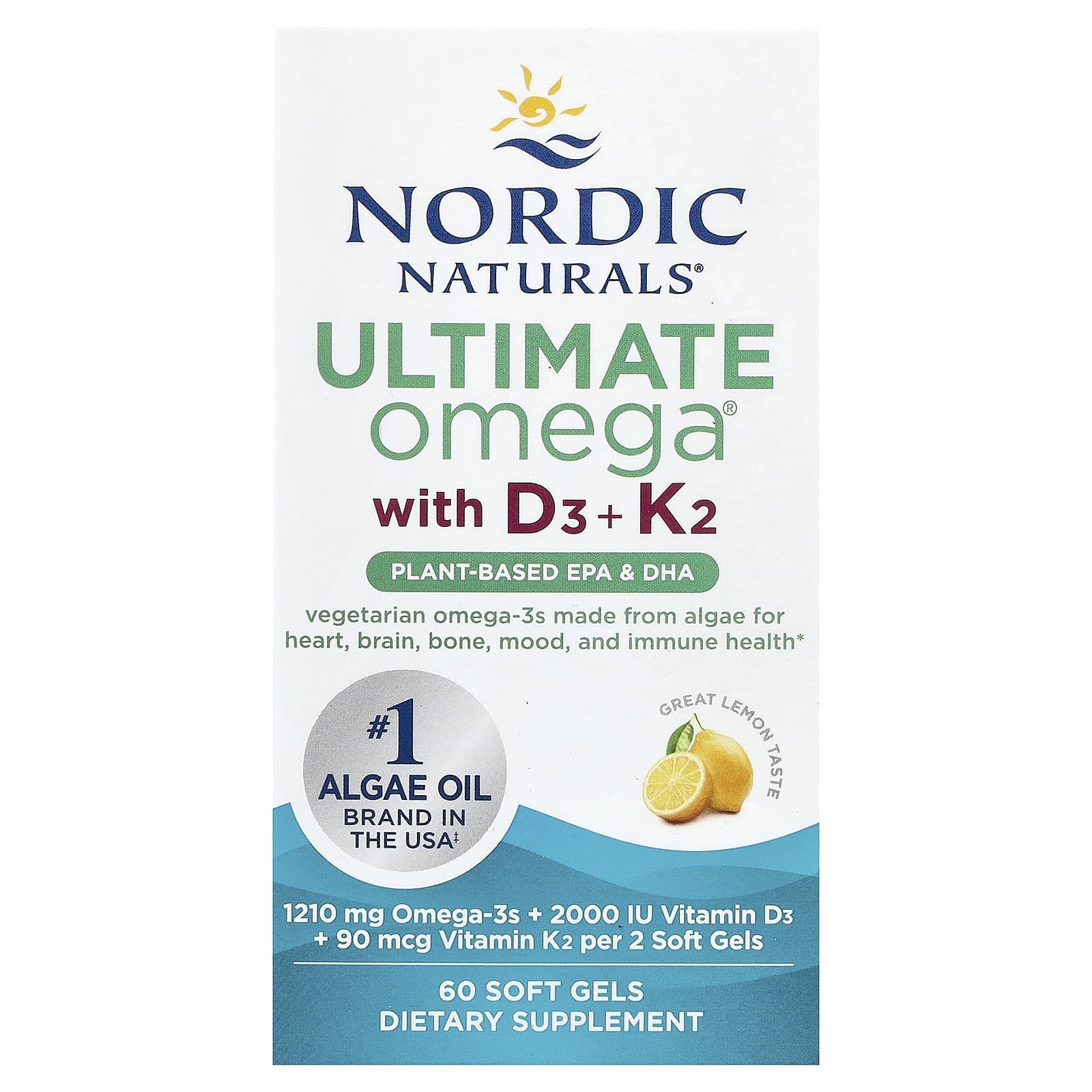 

Nordic Naturals, Ultimate Omega®, Plant-Based, with D3 + K2, Lemon, 60 Softgels