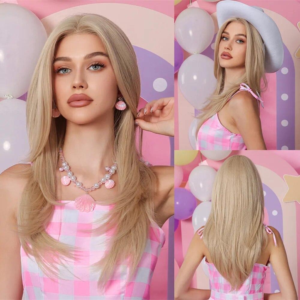 ALAN EATON Blonde Perücke mit langem lockigem Haar, Mittelscheitel, Spitzen-Haaransatz, Perücke für weiße Frauen, synthetische, natürliche, goldblonde Alltagsperücke