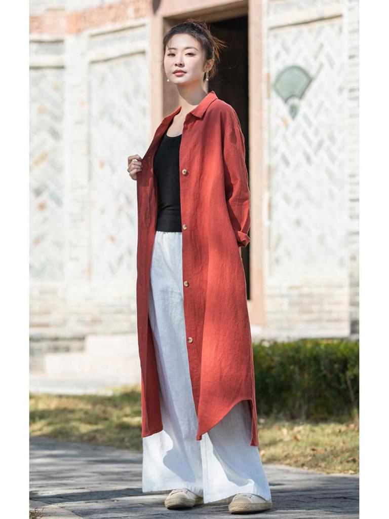 2026 Spring Women's Artistic Sand-Washed Cotton Linen Lapel Long Coat - Loose, Slimming Outerwear Cardigan
