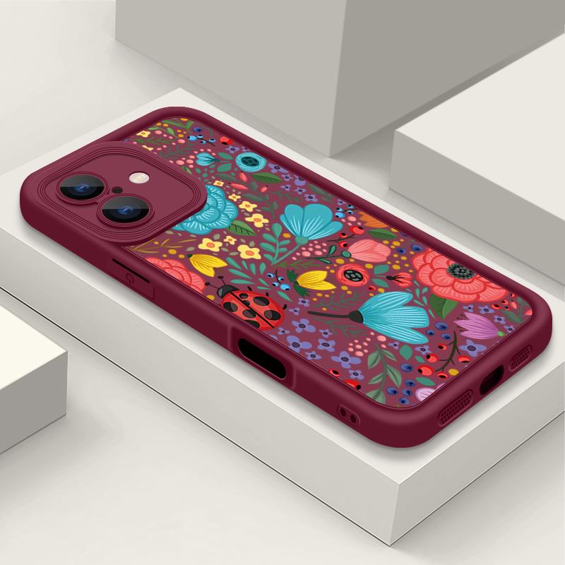 

Цветной матовый чехол для телефона с цветочным узором для iPhone 16 Pro Max 15 14 Pro 13 12 11 XS XR 8 7, защита линз, противоударный мягкий силиконовый чехол-бампер из ТПУ iPhone 7 / 8 вино красного