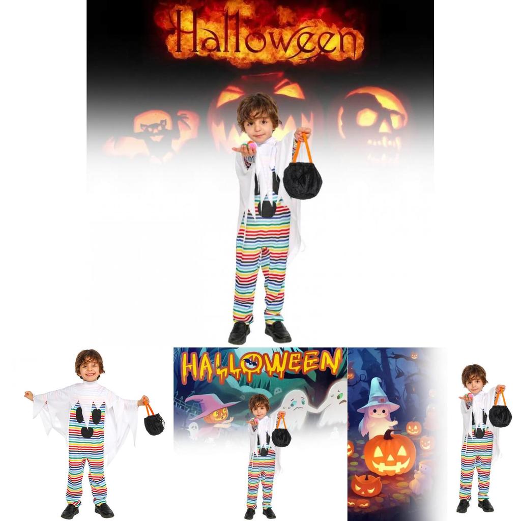 Halloween Child Costume For Kids With Polyester Fabric And Playful Striped Ghost Design For Party Performance