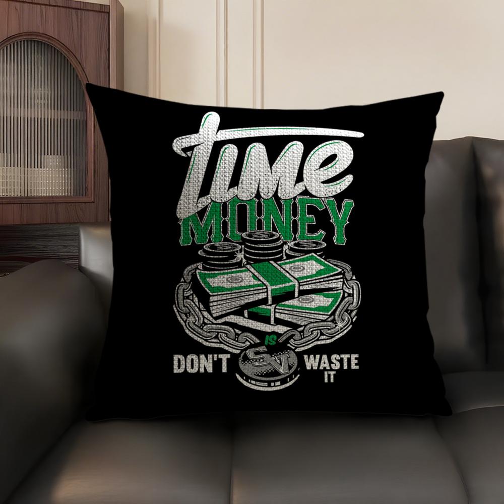 Funny Time is Money Cushion Cover Natural Linen Organic Fabric DoubleSided Printing Sofa Home Decor Breathable Environmentally