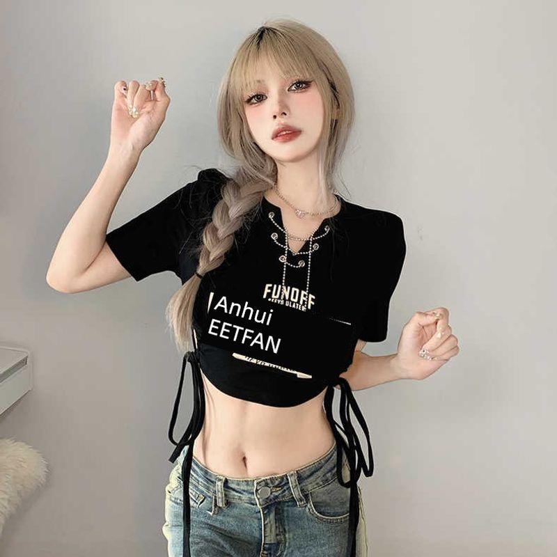 

Джазовые женские топы Платье для танцев джаз Модный стиль Y2g Милый Сексуальный Цепочка V-образный вырез Футболка с принтом Женские короткие топы Black S