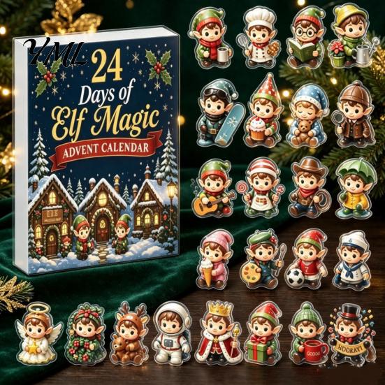 Winter Village Theme Gift Box Magic Elf Advent Calendar, 24 Day Acrylic 2D Ornament Set with Christmas Ornaments Cute Mini Figures, Tree Hanging