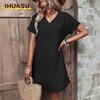 Vestidos Casuales de Verano Primavera Color Sólido Estampado Manga Corta Cuello en V