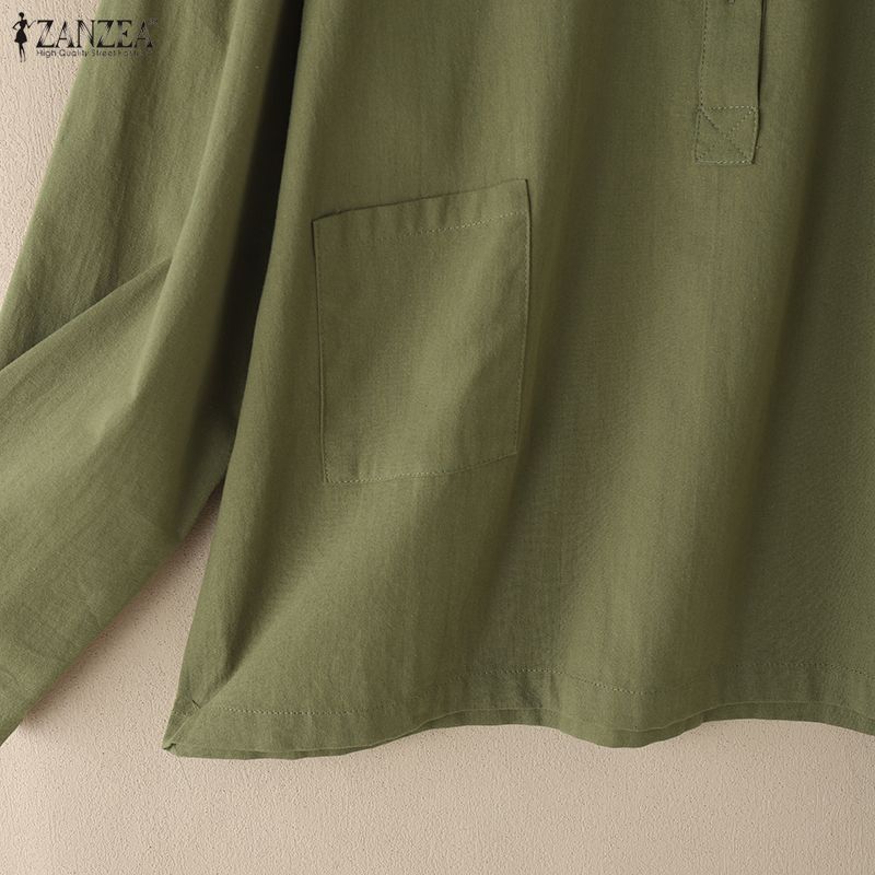 ZANZEA Women Casual Round Neck Solid Color Long Sleeve Cotton Blouse