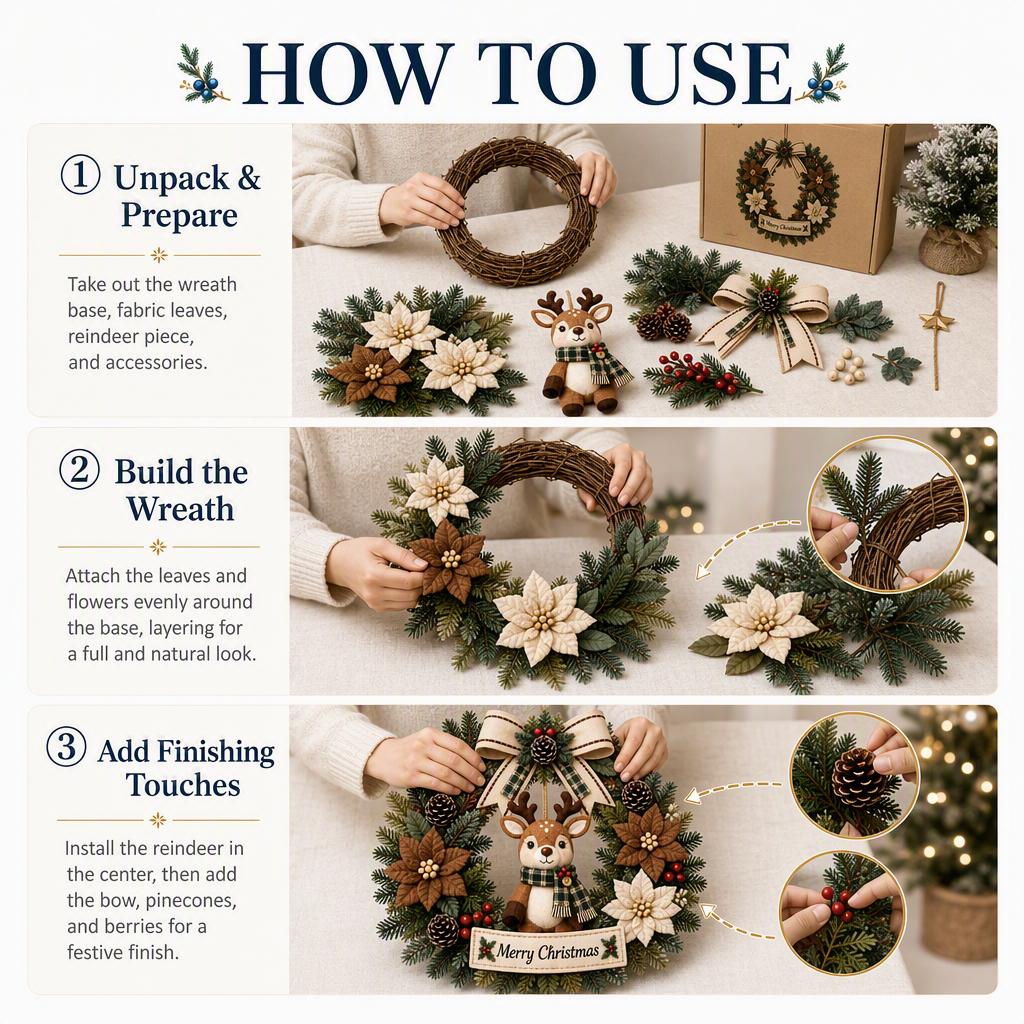 Christmas Reindeer Wreath DIY Material Kit: A festive, three-dimensional, and layered craft kit for creating decorative wreaths