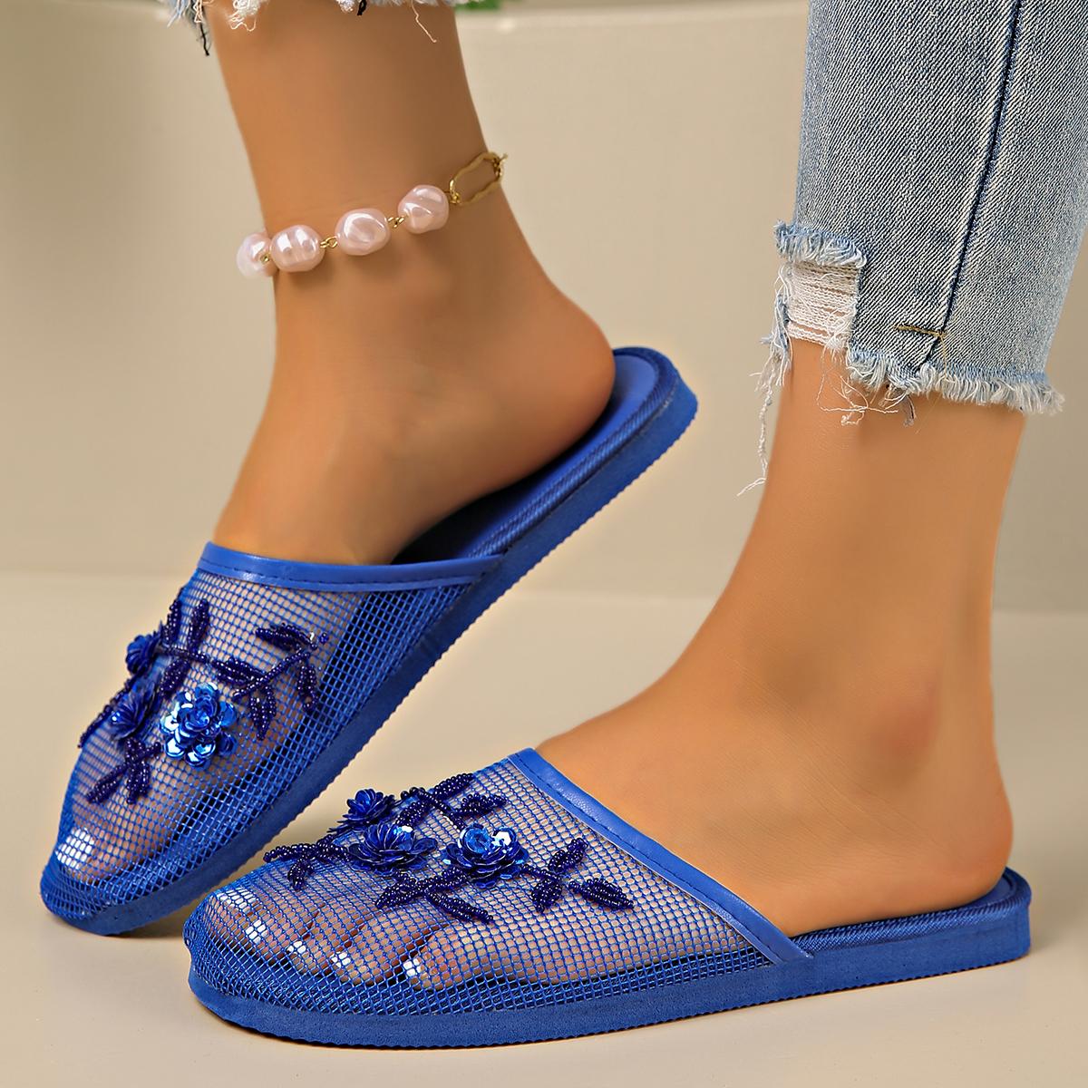

Обувь для женщин 2025 Горячая распродажа Baotou Женские тапочки Модные хрустальные цветочные Повседневные тапочки Женские Новые сетчатые тапочки на плоской подошве Zapatos 41 синий
