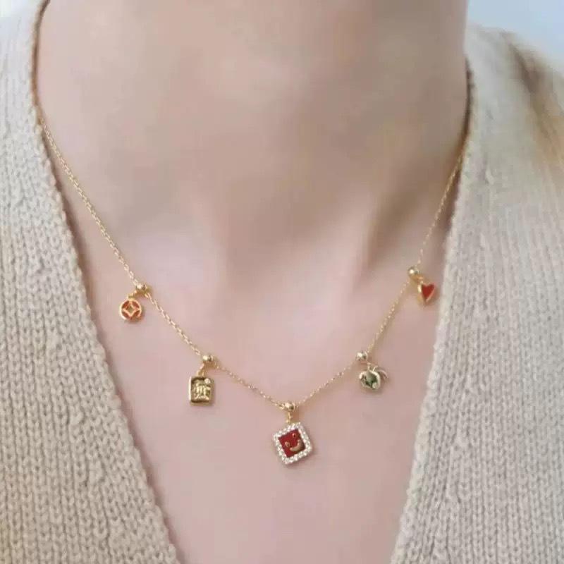 HEFANG Cute Five Blessings Necklace: Smiling Face Enamel Pendant for Women, High-End Luxury Clavicle Chain Fashion Accessory