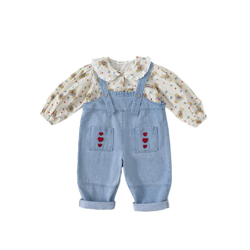 

Korean Style Girls Long Sleeve Shirt And Denim Suspender Pants Set For Children 120CM