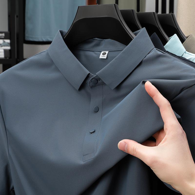 Pánské letní polo tričko z ledového hedvábí - Elastické, nemačkavé, jednobarevné, krátký rukáv, Business Casual s límečkem.