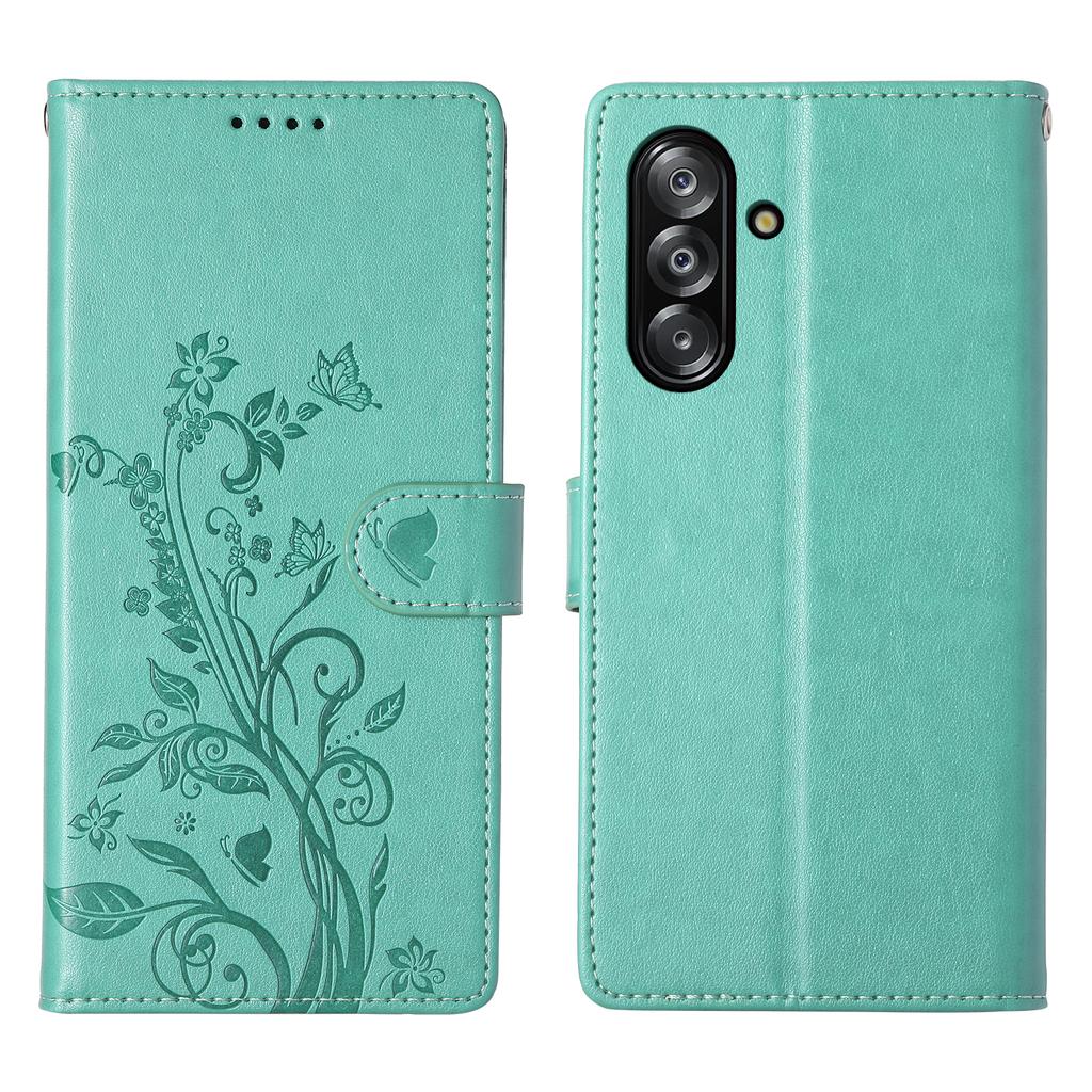 For Samsung Galaxy A26 5G Wallet Case Butterfly Floral Imprint PU Leather Phone Cover with Wrist Strap