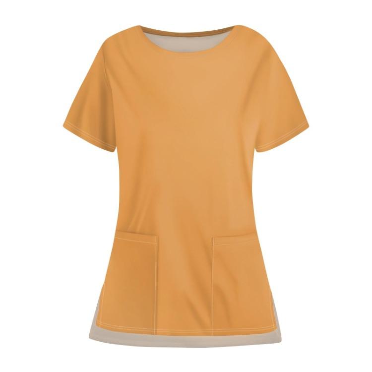 Damska codzienna gładka bluzka robocza z kieszeniami, z okrągłym dekoltem i otwartym dołem, ochronna