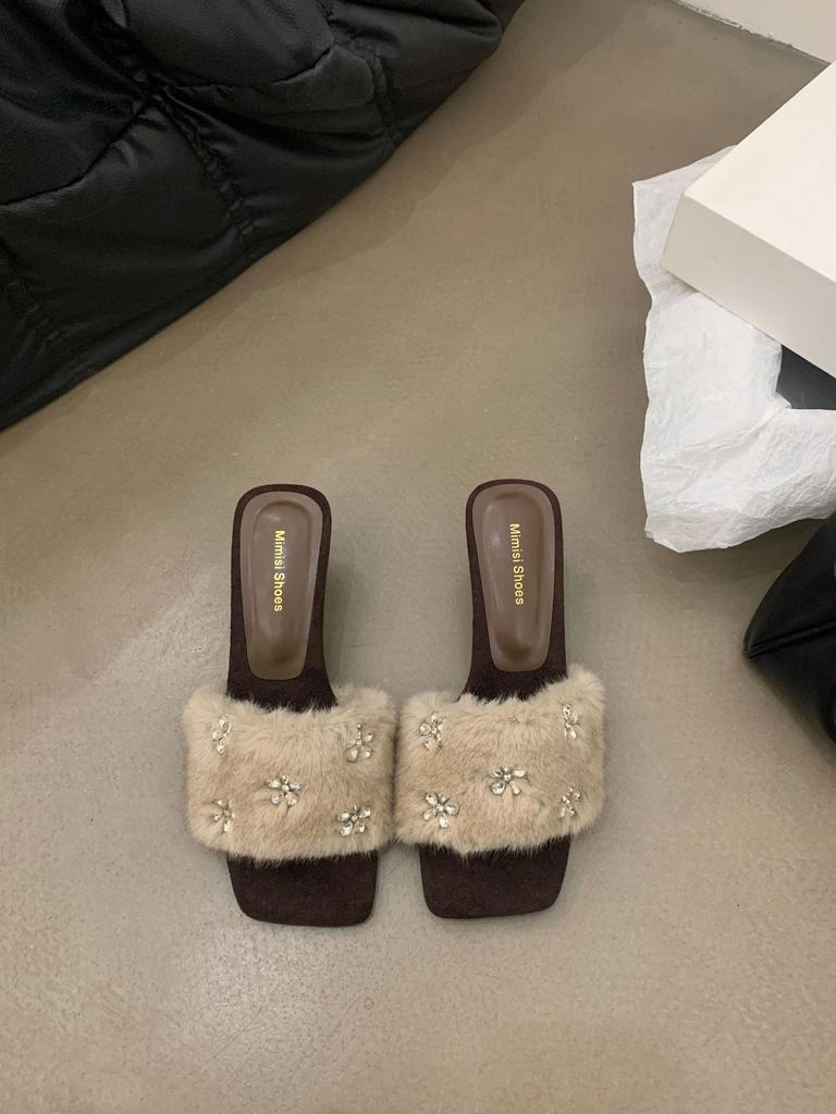 C22-8~ Slope Heel French High-end Rhinestone Square Head Open-toed Fluffy Slippers Women's Shoes Outer Wear 2025 New Models