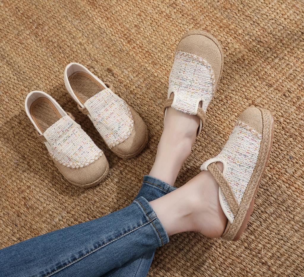 Original Spring and Summer Bag Head Slippers Women's Single Shoes Breathable Linen Grass Weaving Office Half Drag New Literary Linen Shoes