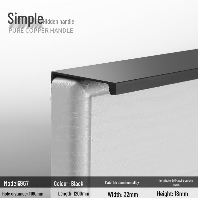 Black Aluminum No-Punch Concealed Handle for Kitchen and Wardrobe Cabinets