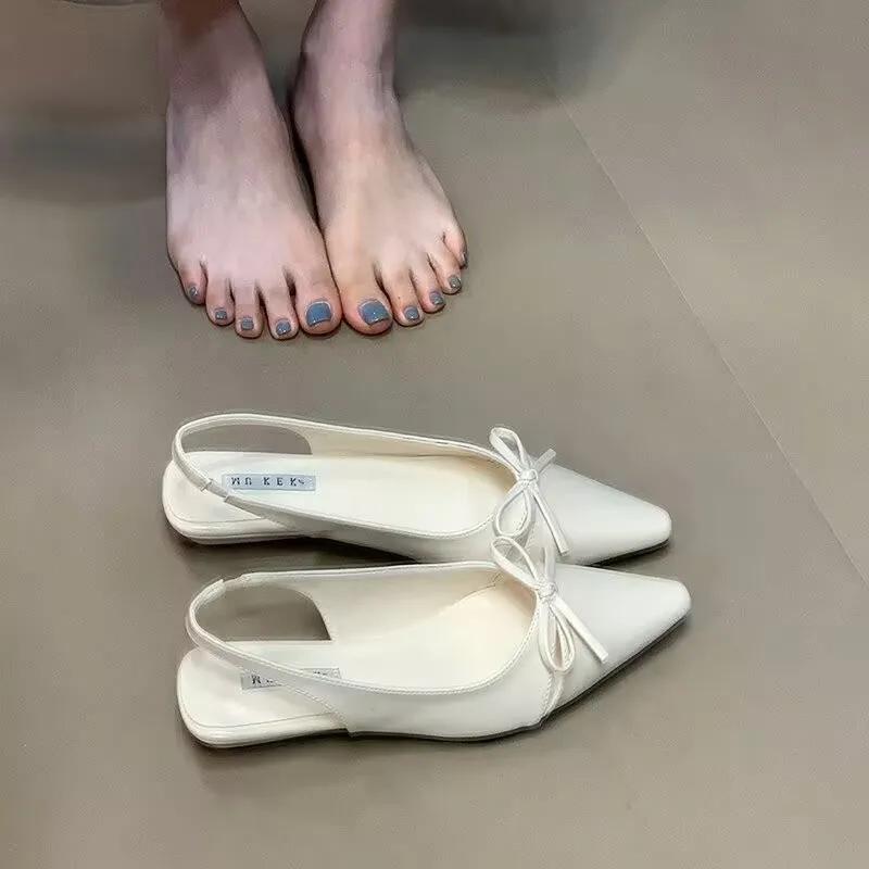 Versatile Womens Sandals with Anti Slip Slim Heel Close Toes Elastic Band Bow 2025 Summer Outdoor PU Black/White Fashion Sandals